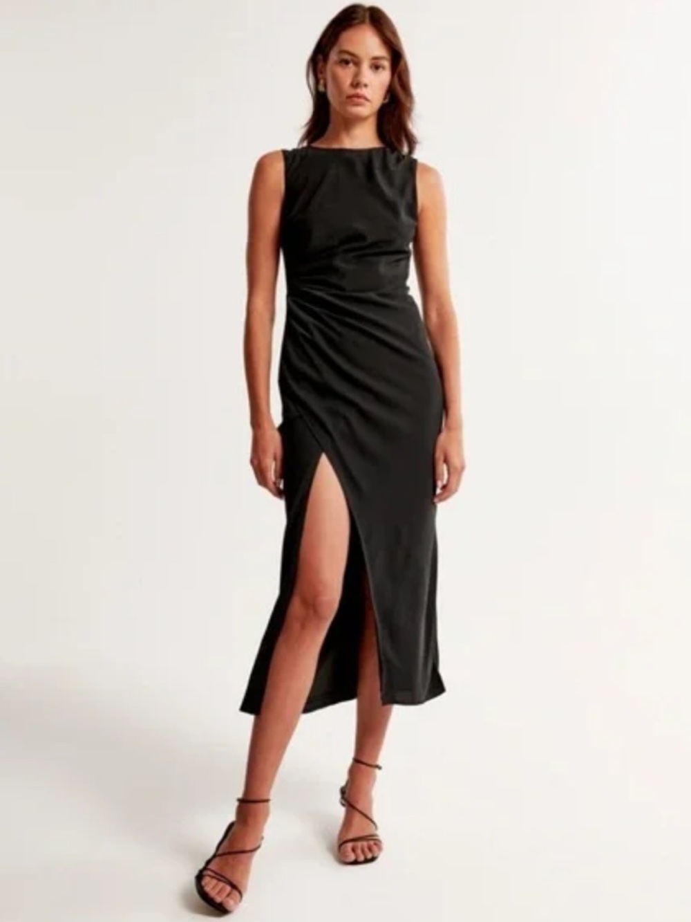 Abercrombie & Fitch Black Sleeveless Draped Midi Dress with Open Back and Slit